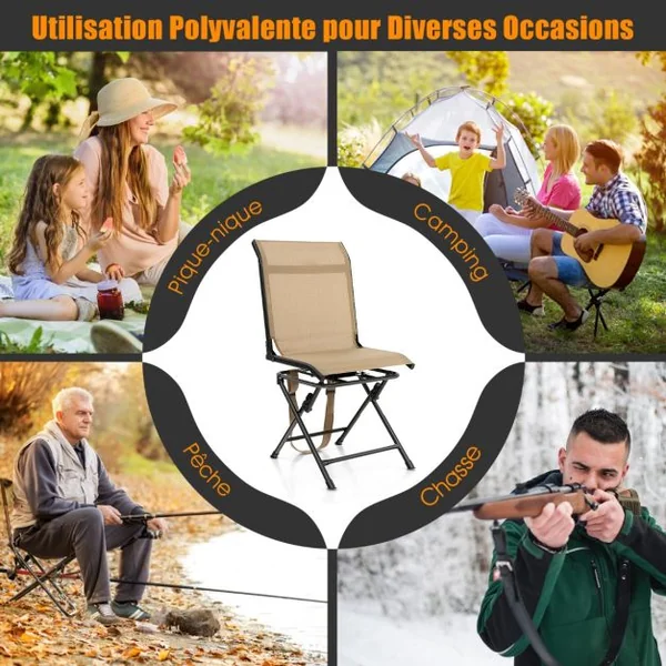 Chaise de Camping Pliante avec Base Rotative à 360° Charge 150KG Tabouret de Dossier pour Pêche Chasse Pique-nique Café