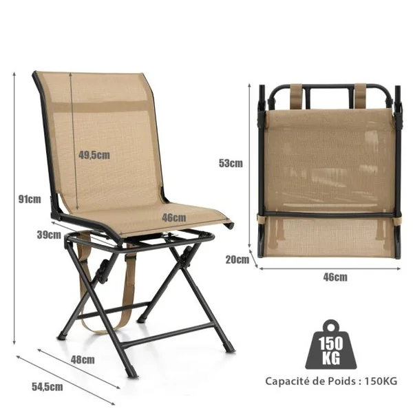 Chaise de Camping Pliante avec Base Rotative à 360° Charge 150KG Tabouret de Dossier pour Pêche Chasse Pique-nique Café
