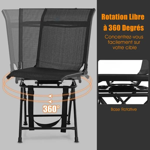 Chaise de Camping Pliante avec Base Rotative à 360° Charge 150KG Tabouret de Dossier pour Pêche Chasse Pique-nique Noir