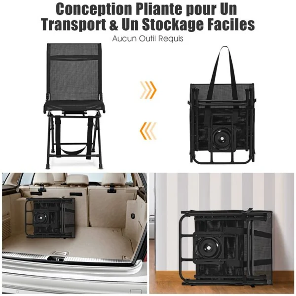 Chaise de Camping Pliante avec Base Rotative à 360° Charge 150KG Tabouret de Dossier pour Pêche Chasse Pique-nique Noir