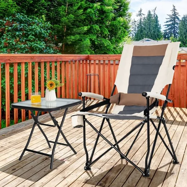 Chaise de Camping Pliante avec Dossier Haut Coussin Lombaire Charge 150KG Fauteuil de Camping pour Plage Pêche Pique-Nique Marron+Beige