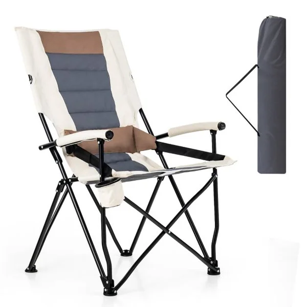 Chaise de Camping Pliante avec Dossier Haut Coussin Lombaire Charge 150KG Fauteuil de Camping pour Plage Pêche Pique-Nique Marron+Beige