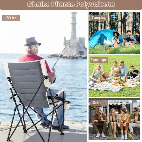 Chaise de Camping Pliante avec Dossier Haut Coussin Lombaire Charge 150KG Fauteuil de Camping pour Plage Pêche Pique-Nique Marron+Beige