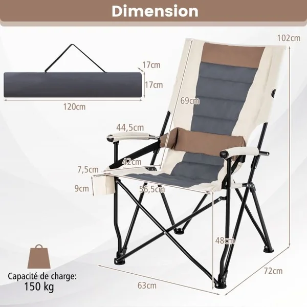 Chaise de Camping Pliante avec Dossier Haut Coussin Lombaire Charge 150KG Fauteuil de Camping pour Plage Pêche Pique-Nique Marron+Beige
