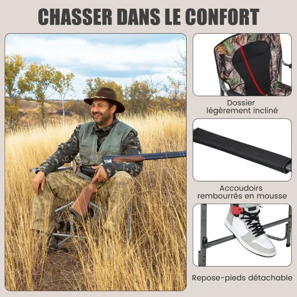 Chaise de Camping Pliante avec Table Latérale Amovible Charge 150KG Chaise de Pêche avec Porte-gobelet pour Chasse Randonnée