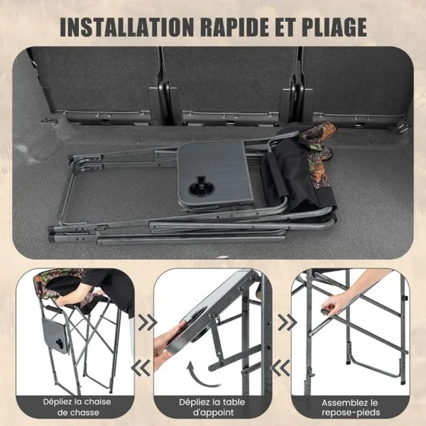 Chaise de Camping Pliante avec Table Latérale Amovible Charge 150KG Chaise de Pêche avec Porte-gobelet pour Chasse Randonnée