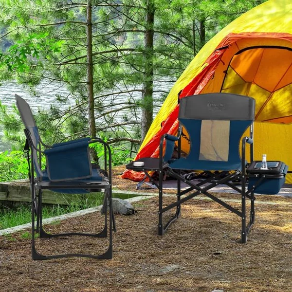 Chaise de Camping Pliante avec Table Latérale et Sac Isotherme Charge 180KG Sac de Rangement Sangle Portable Noir/Bleu/Rouge