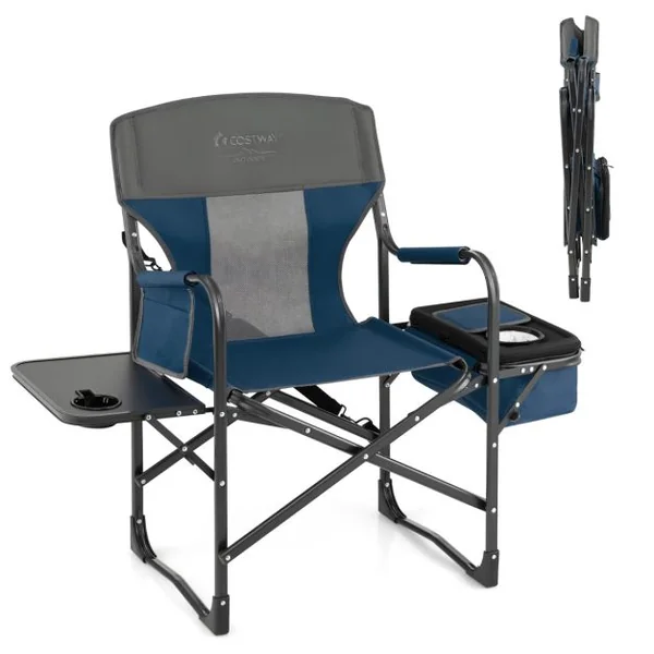 Chaise de Camping Pliante avec Table Latérale et Sac Isotherme Charge 180KG Sac de Rangement Sangle Portable Noir/Bleu/Rouge