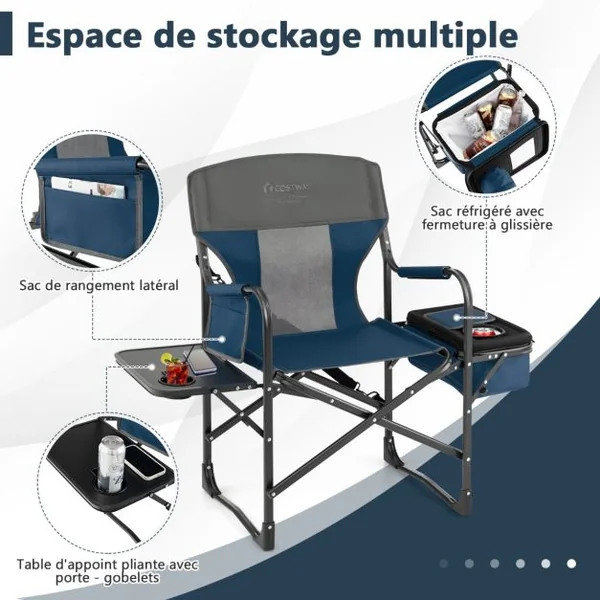 Chaise de Camping Pliante avec Table Latérale et Sac Isotherme Charge 180KG Sac de Rangement Sangle Portable Noir/Bleu/Rouge