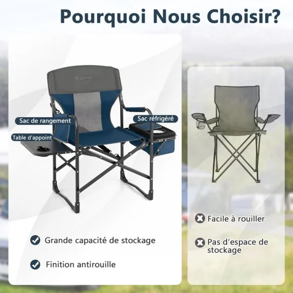 Chaise de Camping Pliante avec Table Latérale et Sac Isotherme Charge 180KG Sac de Rangement Sangle Portable Noir/Bleu/Rouge