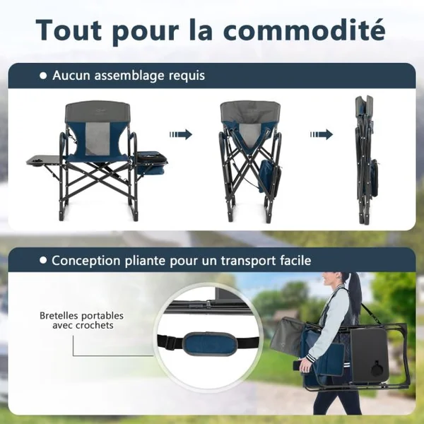 Chaise de Camping Pliante avec Table Latérale et Sac Isotherme Charge 180KG Sac de Rangement Sangle Portable Noir/Bleu/Rouge