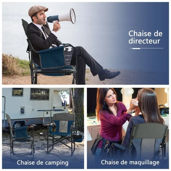 Chaise de Camping Pliante avec Table Latérale et Sac Isotherme Charge 180KG Sac de Rangement Sangle Portable Noir/Bleu/Rouge