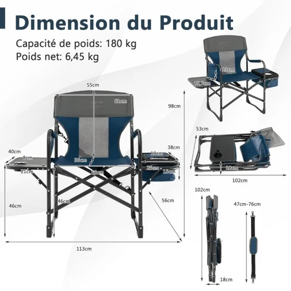 Chaise de Camping Pliante avec Table Latérale et Sac Isotherme Charge 180KG Sac de Rangement Sangle Portable Noir/Bleu/Rouge