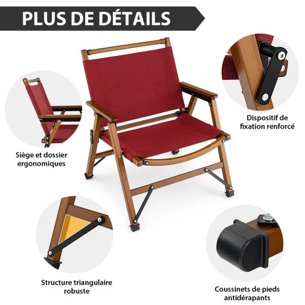 Chaise de Camping Pliante Charge 150KG avec Cadre en Bambou Massif Chaise Pliante d'Extérieur avec Accoudoirs Hauteur d’Assise 34CM