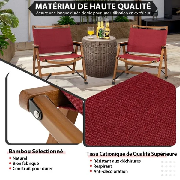 Chaise de Camping Pliante Charge 150KG avec Cadre en Bambou Massif Chaise Pliante d'Extérieur avec Accoudoirs Hauteur d’Assise 34CM
