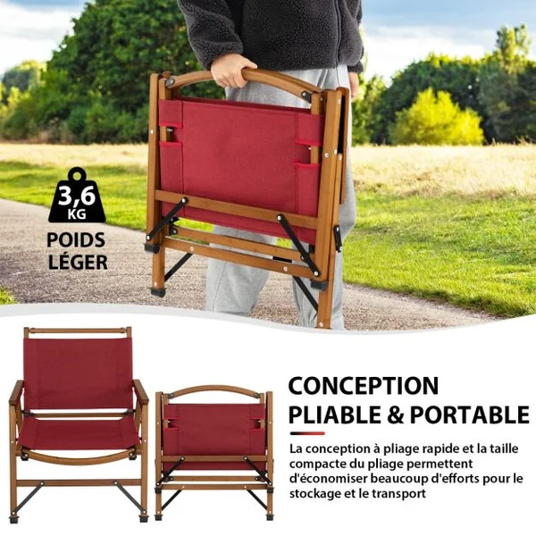 Chaise de Camping Pliante Charge 150KG avec Cadre en Bambou Massif Chaise Pliante d'Extérieur avec Accoudoirs Hauteur d’Assise 34CM