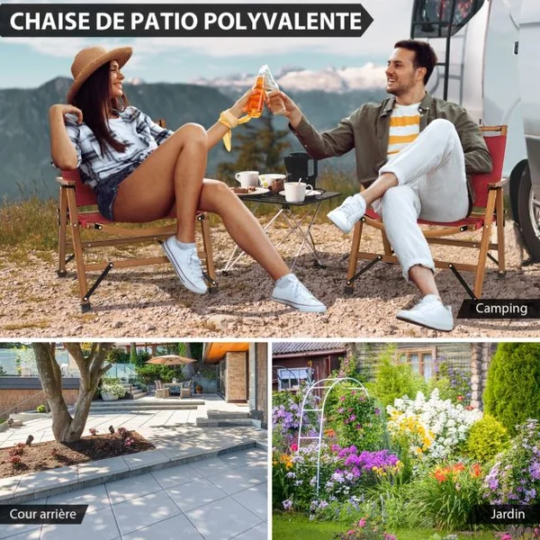 Chaise de Camping Pliante Charge 150KG avec Cadre en Bambou Massif Chaise Pliante d'Extérieur avec Accoudoirs Hauteur d’Assise 34CM
