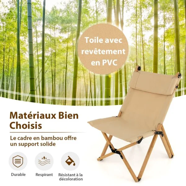 Chaise de Camping Pliante en Bambou Charge 150KG avec Dossier Ajustable 48/60CM en Toile Légère Sac de Transpor Naturel