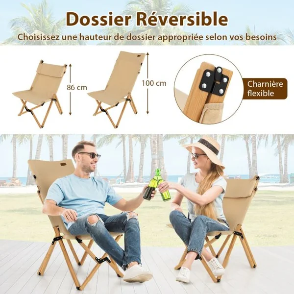 Chaise de Camping Pliante en Bambou Charge 150KG avec Dossier Ajustable 48/60CM en Toile Légère Sac de Transpor Naturel