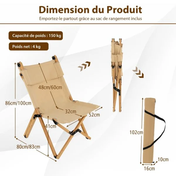 Chaise de Camping Pliante en Bambou Charge 150KG avec Dossier Ajustable 48/60CM en Toile Légère Sac de Transpor Naturel