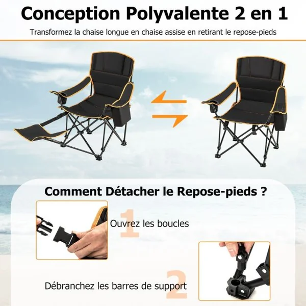 Chaise de Camping Pliante Portable Chaise de Pêche Inclinable 2-en-1 avec Repose-Pieds Amovible Dossier Réglable Sur 2 Positions Noir