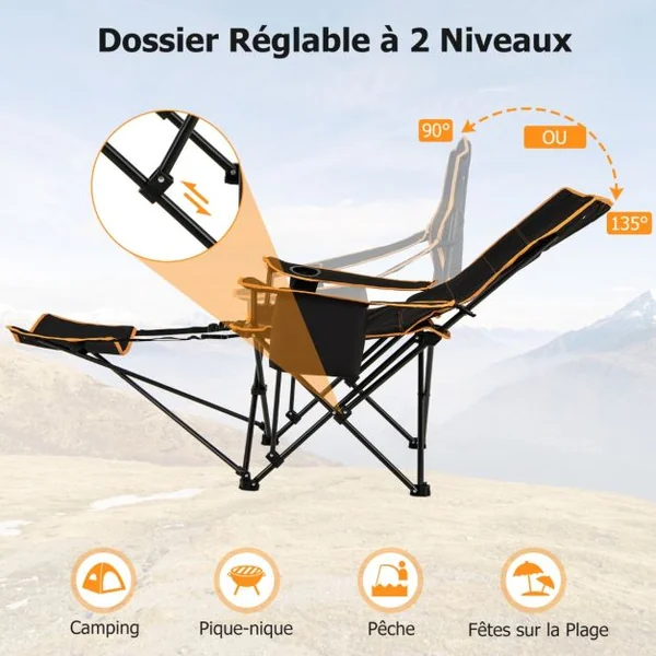 Chaise de Camping Pliante Portable Chaise de Pêche Inclinable 2-en-1 avec Repose-Pieds Amovible Dossier Réglable Sur 2 Positions Noir