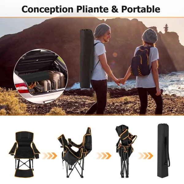 Chaise de Camping Pliante Portable Chaise de Pêche Inclinable 2-en-1 avec Repose-Pieds Amovible Dossier Réglable Sur 2 Positions Noir