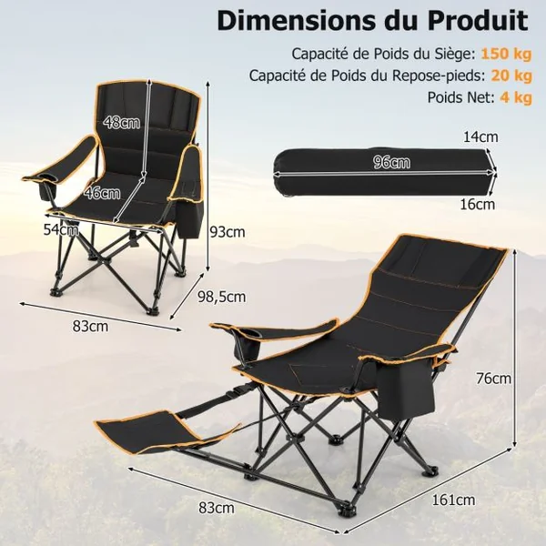 Chaise de Camping Pliante Portable Chaise de Pêche Inclinable 2-en-1 avec Repose-Pieds Amovible Dossier Réglable Sur 2 Positions Noir
