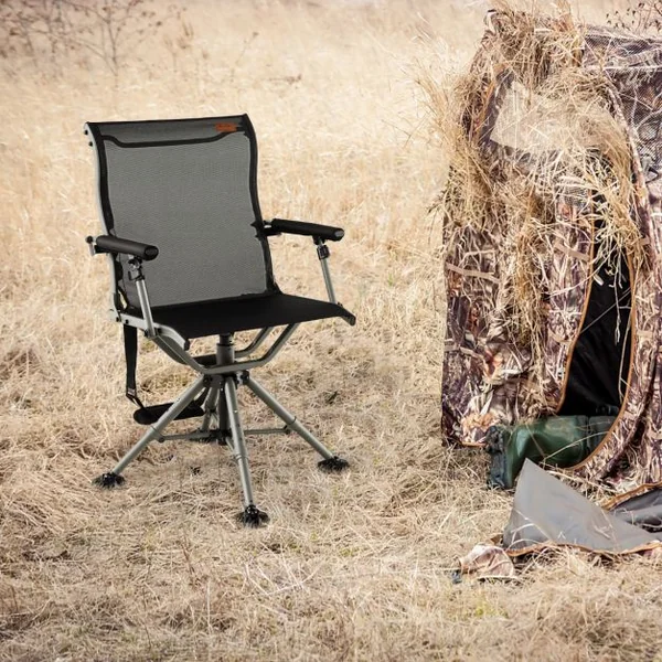Chaise de Chasse Pivotante à 360° Pliable Hauteur Réglable Repose-pieds Tout Terrain Accoudoirs Rembourrés Sangle de Transport Capacité 180 Kg Noir