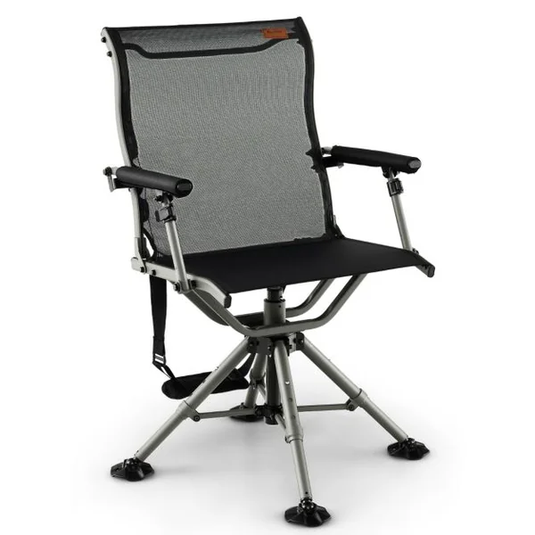 Chaise de Chasse Pivotante à 360° Pliable Hauteur Réglable Repose-pieds Tout Terrain Accoudoirs Rembourrés Sangle de Transport Capacité 180 Kg Noir
