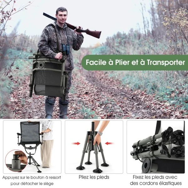 Chaise de Chasse Pivotante à 360° Pliable Hauteur Réglable Repose-pieds Tout Terrain Accoudoirs Rembourrés Sangle de Transport Capacité 180 Kg Noir