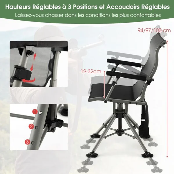 Chaise de Chasse Pivotante à 360° Pliable Hauteur Réglable Repose-pieds Tout Terrain Accoudoirs Rembourrés Sangle de Transport Capacité 180 Kg Noir