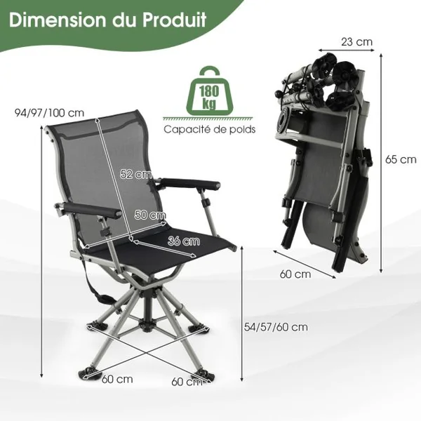 Chaise de Chasse Pivotante à 360° Pliable Hauteur Réglable Repose-pieds Tout Terrain Accoudoirs Rembourrés Sangle de Transport Capacité 180 Kg Noir