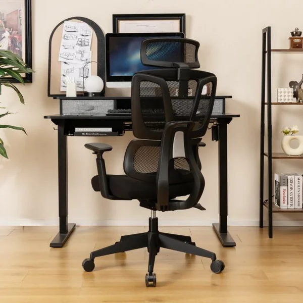 Chaise de Direction Chaise de Bureau Ergonomique et Réglable en Hauteur Dossier en Maille Respirante Support Lombaire Appui-tête et Accoudoirs Noir