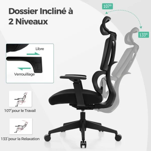 Chaise de Direction Chaise de Bureau Ergonomique et Réglable en Hauteur Dossier en Maille Respirante Support Lombaire Appui-tête et Accoudoirs Noir