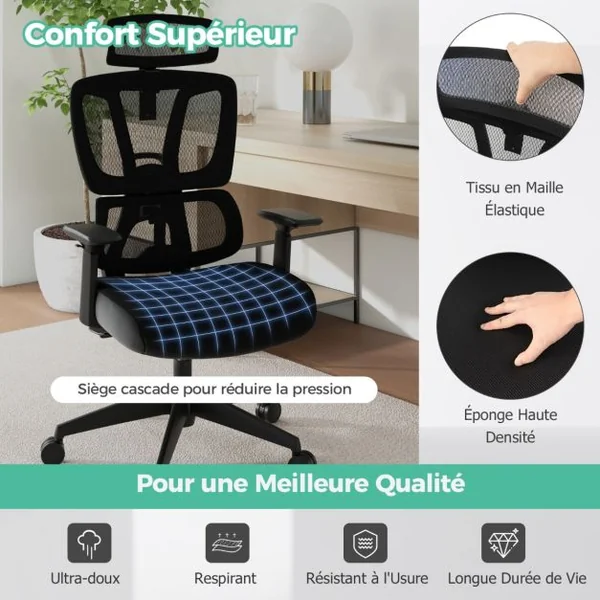 Chaise de Direction Chaise de Bureau Ergonomique et Réglable en Hauteur Dossier en Maille Respirante Support Lombaire Appui-tête et Accoudoirs Noir