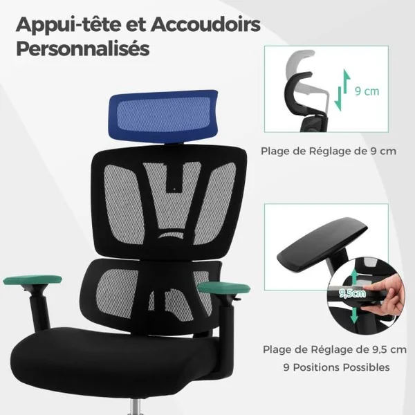 Chaise de Direction Chaise de Bureau Ergonomique et Réglable en Hauteur Dossier en Maille Respirante Support Lombaire Appui-tête et Accoudoirs Noir