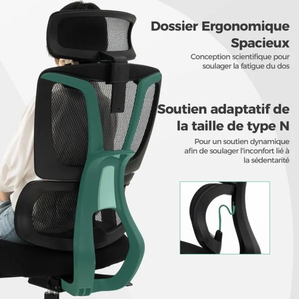 Chaise de Direction Chaise de Bureau Ergonomique et Réglable en Hauteur Dossier en Maille Respirante Support Lombaire Appui-tête et Accoudoirs Noir