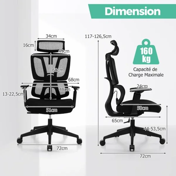 Chaise de Direction Chaise de Bureau Ergonomique et Réglable en Hauteur Dossier en Maille Respirante Support Lombaire Appui-tête et Accoudoirs Noir