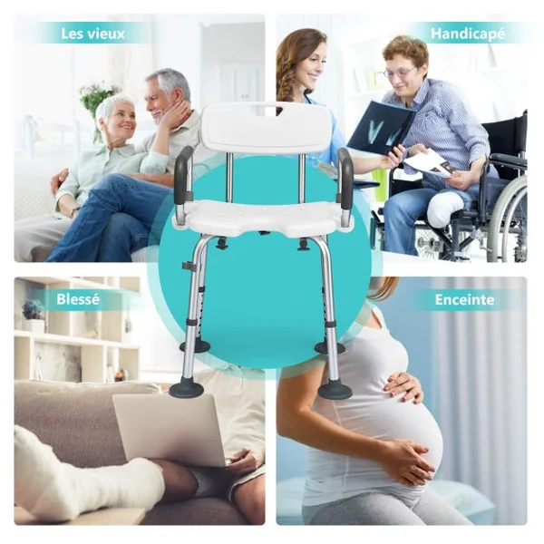 Chaise de Douche avec Accoudoir Hauteur Ajustable Cadre en Aluminium Dossier Amovible Noir
