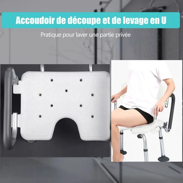 Chaise de Douche avec Accoudoir Hauteur Ajustable Cadre en Aluminium Dossier Amovible Noir