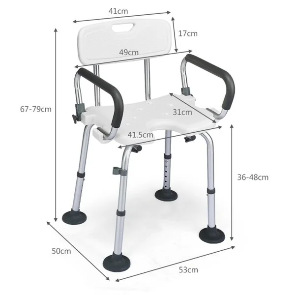 Chaise de Douche avec Accoudoir Hauteur Ajustable Cadre en Aluminium Dossier Amovible Noir