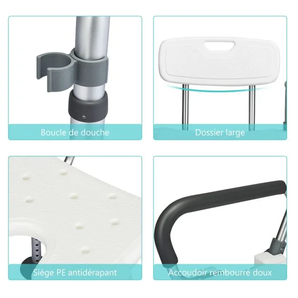 Chaise de Douche avec Accoudoir Hauteur Ajustable Cadre en Aluminium Dossier Amovible Noir