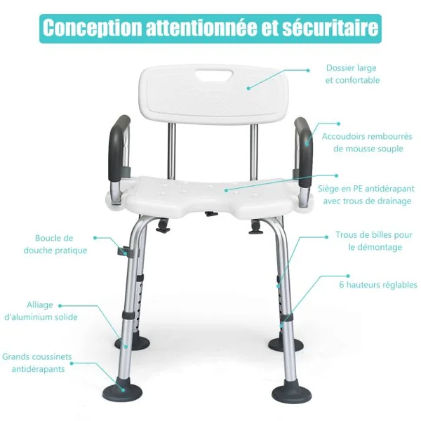 Chaise de Douche avec Accoudoir Hauteur Ajustable Cadre en Aluminium Dossier Amovible Noir