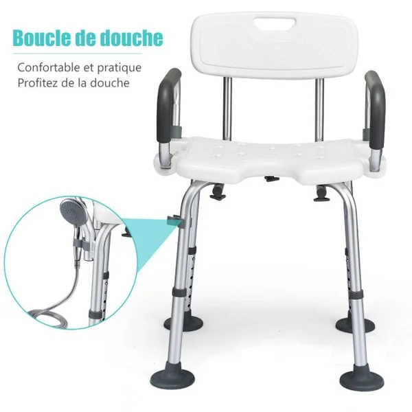 Chaise de Douche avec Accoudoir Hauteur Ajustable Cadre en Aluminium Dossier Amovible Noir
