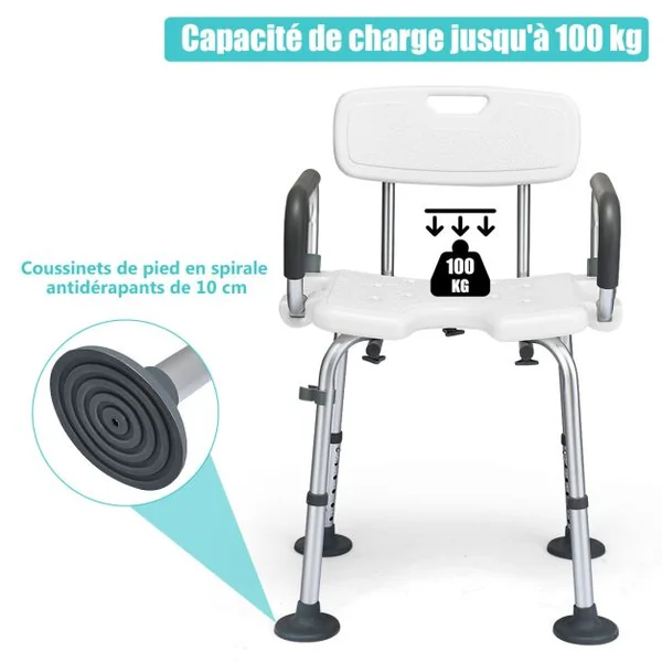 Chaise de Douche avec Accoudoir Hauteur Ajustable Cadre en Aluminium Dossier Amovible Noir