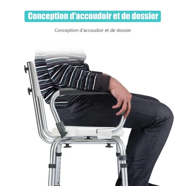Chaise de Douche avec Accoudoir Hauteur Ajustable Cadre en Aluminium Dossier Amovible Noir