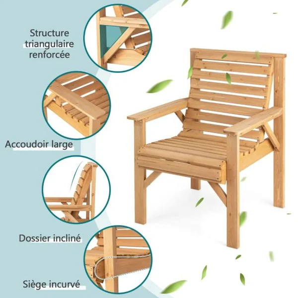 Chaise de Jardin en Bois de Sapin Baumier avec Dossier Incliné et Accoudoirs Capacité 150 kg pour Jardin Cour Arrière