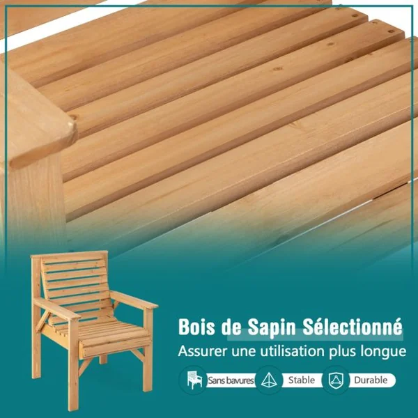Chaise de Jardin en Bois de Sapin Baumier avec Dossier Incliné et Accoudoirs Capacité 150 kg pour Jardin Cour Arrière