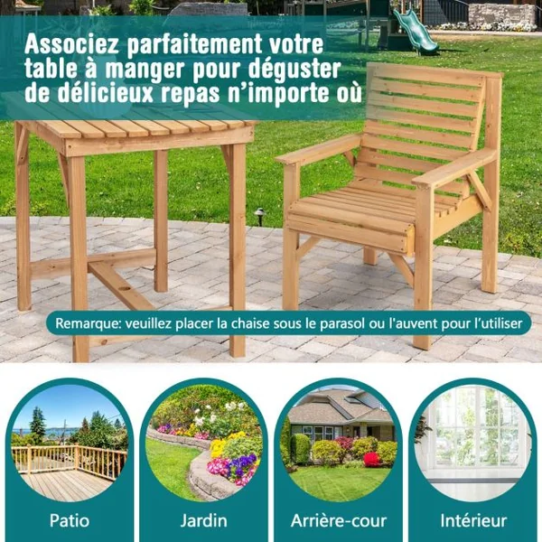 Chaise de Jardin en Bois de Sapin Baumier avec Dossier Incliné et Accoudoirs Capacité 150 kg pour Jardin Cour Arrière